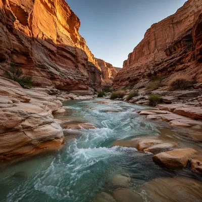 Turquoise River Through Sunlit Canyon Rocks