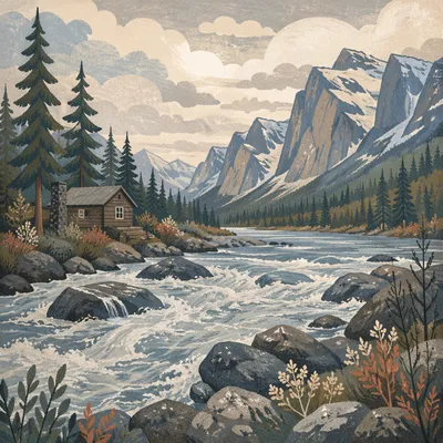 Alpine Whitewater Rapids Through Granite Boulders