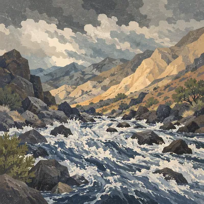 Stormlit Whitewater Rapids in Rocky Canyon