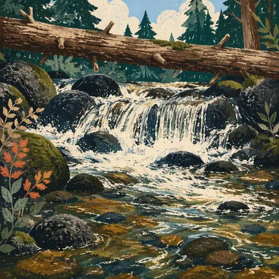 Whitewater Rapids Over Mossy Mountain Rocks
