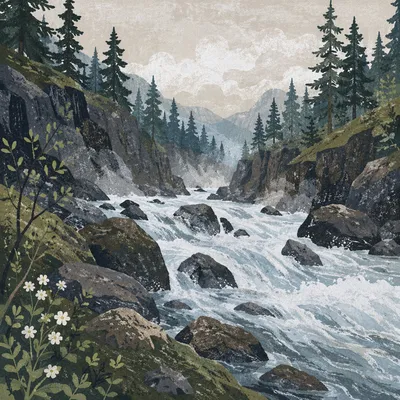 Wild Mountain River Rapids in Spring