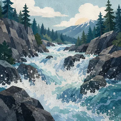 Mountain River Rapids Through Granite Rocks
