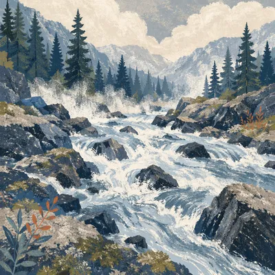 Wild Mountain River Rapids Through Granite Rocks