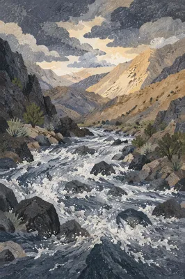 Stormlit Whitewater Rapids Through Rocky Canyon
