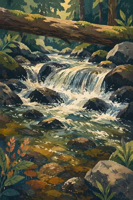 Mountain Stream Rapids Over Dark Rocks
