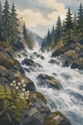Mountain River Rapids Through Mossy Rocks