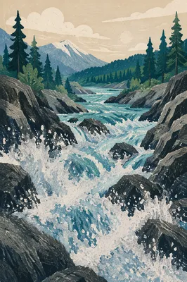 Mountain River Rapids Through Granite Rocks