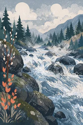 Wild Mountain River Rapids Through Granite Rocks