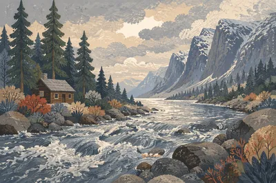 Whitewater Rapids Beneath Alpine Mountain Cliffs