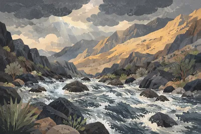 Stormlit Whitewater Rapids Through Rocky Canyon