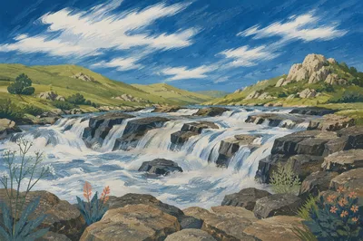 Rushing Highland River Rapids Over Dark Rocks