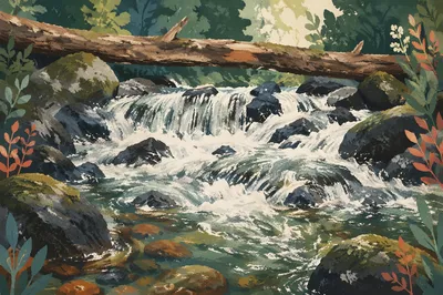 Mountain Stream Rapids Over Dark Rocks