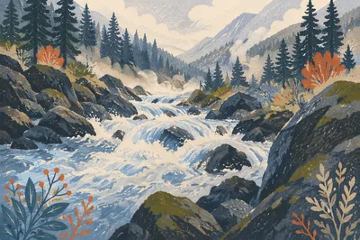 Wild Mountain River Rapids Through Rocks