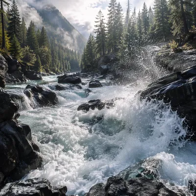 Mountain River Rapids Through Granite Rocks