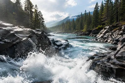 Mountain River Rapids Through Granite Rocks