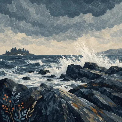 Storm Waves Along Rugged Rocky Coastline