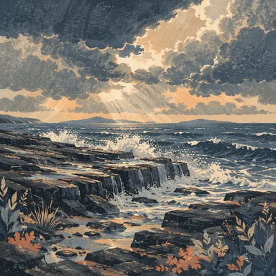 Dramatic Rocky Coastline Under Storm Clouds