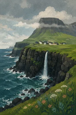 Dramatic Basalt Coast with Waterfall