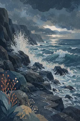 Dramatic Waves on Rocky Blue Hour Coast