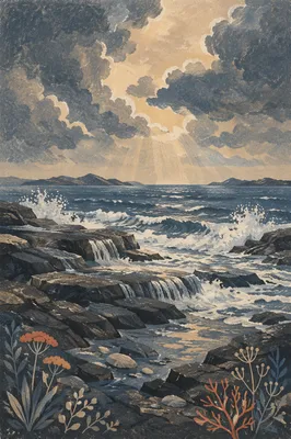 Dramatic Rocky Coastline Under Storm Clouds