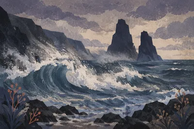 Dramatic Rocky Coastline with Crashing Waves