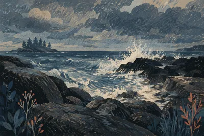 Storm Waves Along Rugged Rocky Coastline