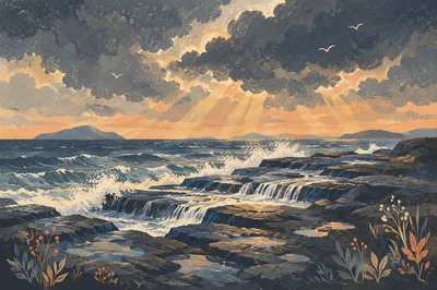 Dramatic Rocky Coastline Under Storm Clouds