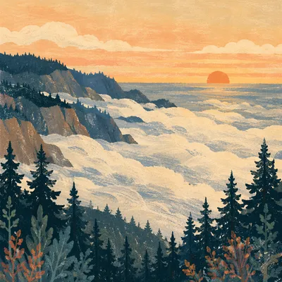 Sunrise Fog Over Coastal Evergreen Cliffs