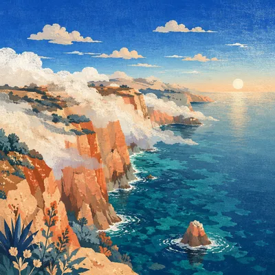 Sunrise Fog Over Rugged Coastal Cliffs