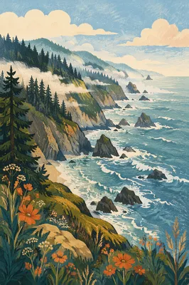 Sunrise Fog Over Rugged Coastal Cliffs