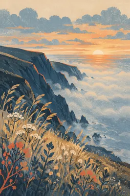 Sunrise Fog Over Rugged Coastal Cliffs
