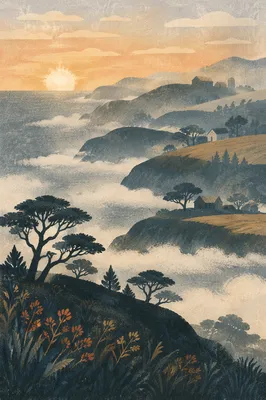Sunrise Fog Over Layered Coastal Cliffs