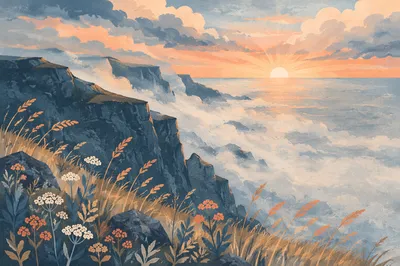 Sunrise Fog Over Rugged Coastal Cliffs