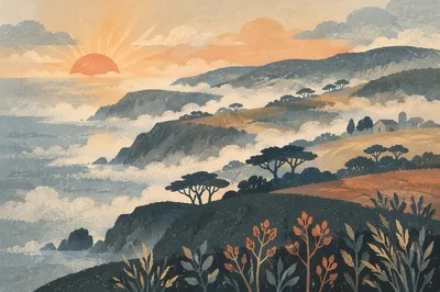 Sunrise Fog Over Layered Coastal Cliffs