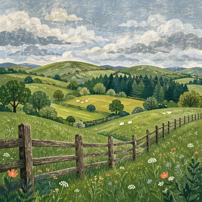 Rolling Green Hills and Rural Fence
