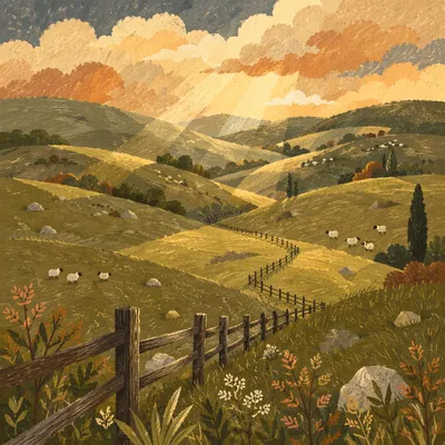 Rolling Green Hills with Weathered Fence