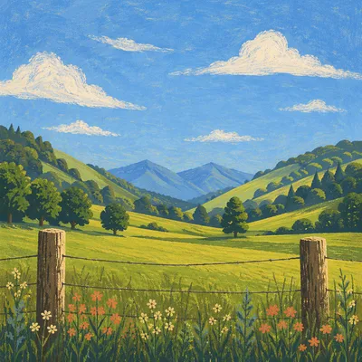 Rolling Green Hills Beyond Weathered Fence