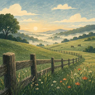 Rolling Green Hills with Rustic Fence