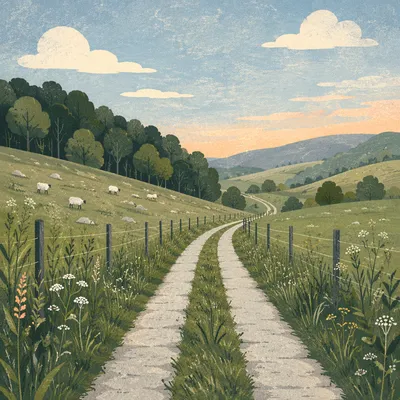 Rolling Green Hills Along a Rural Fence Line