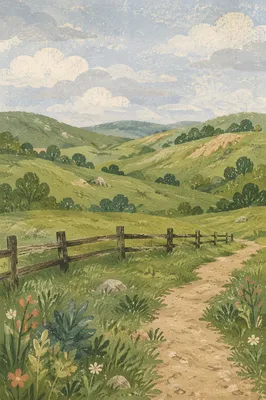Rolling Green Pasture Hills with Rustic Fence