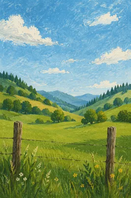 Rolling Green Hills Beyond Rustic Fence