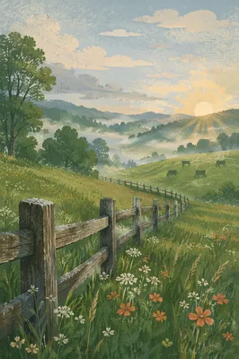 Rolling Green Hills and Rustic Fence
