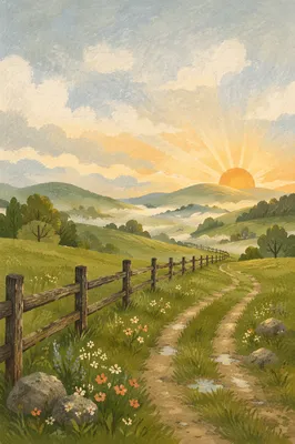 Rolling Green Hills with Rustic Fence