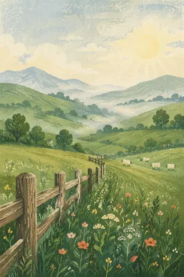 Rolling Green Hills with Rustic Fence