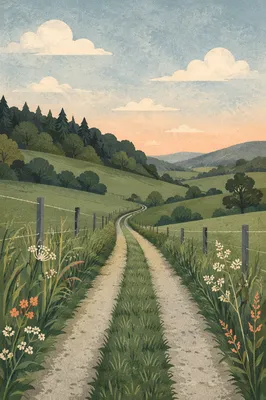 Rolling Green Hills Along Rural Fence Lane