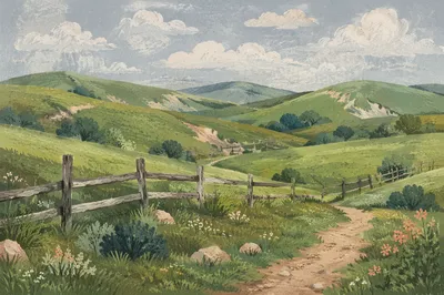 Rolling Green Hills and Rustic Fence