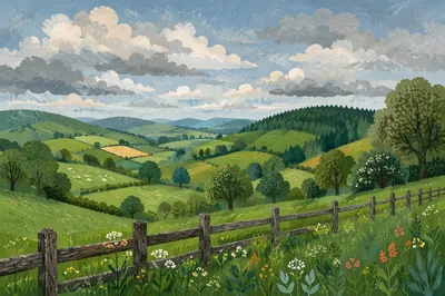 Rolling Green Hills with Rustic Fence Line