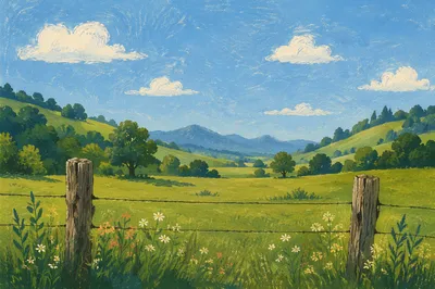 Rolling Green Pasture Beyond Rustic Fence