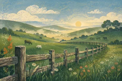 Rolling Green Hills with Rustic Fence