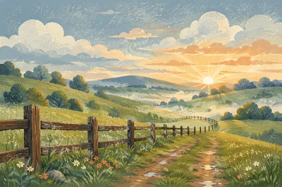 Rolling Green Hills with Rustic Fence